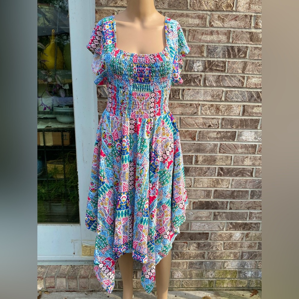 Shore Drive Asymmetrical Smocked Boho Multicolor One Size Sundress